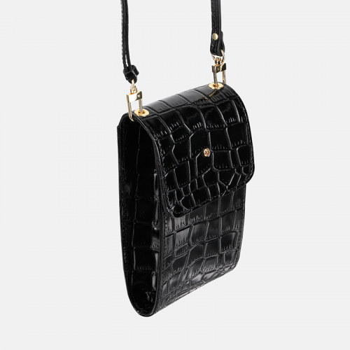 RUBY - Czarna lakierowana torebka na smartfon skórzana -      rozmiar mały      «   crossbody - na ramię - na smartfon                 « zapięcie zatrzask                             «  dodatki złote  