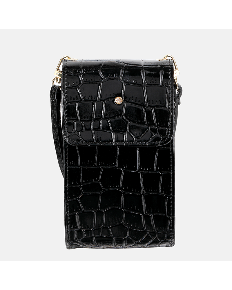 Malutka czarna torebka skórzana na smartfon z teksturą krokodyla