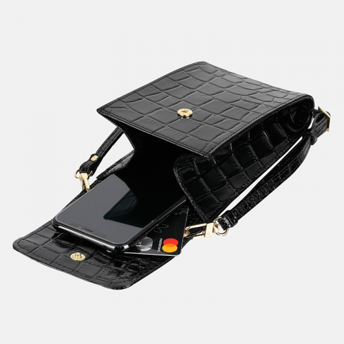 Malutka czarna torebka skórzana na smartfon z teksturą krokodyla