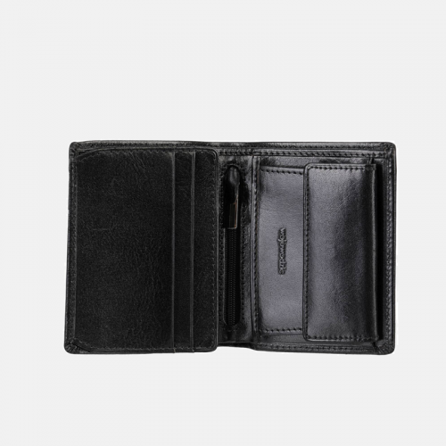 Klasyczny męski portfel skórzany w czarnym kolorze - duża ilość kieszonek -          rozmiar średni          « zapięcie brak                     «  dodatki srebrne  
