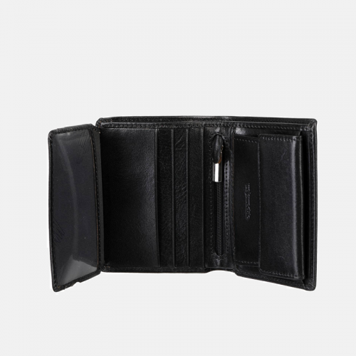 Klasyczny męski portfel skórzany w czarnym kolorze - duża ilość kieszonek -          rozmiar średni          « zapięcie brak                     «  dodatki srebrne  