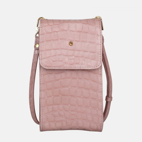 Mała różowa torebka skórzana na smartfon z teksturą krokodyla