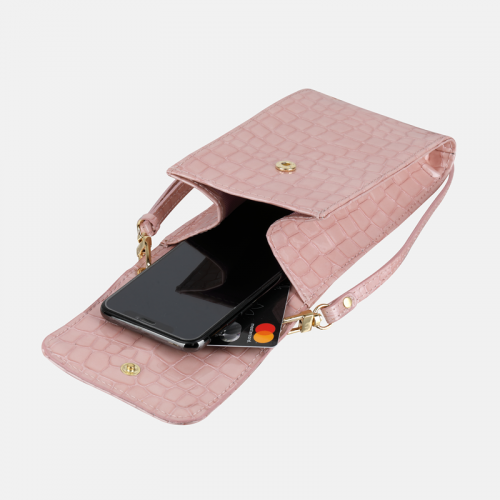 Mała różowa torebka skórzana na smartfon z teksturą krokodyla -      rozmiar mały      «   crossbody - na ramię - na smartfon                 « zapięcie zatrzask                             «  dodatki złote  
