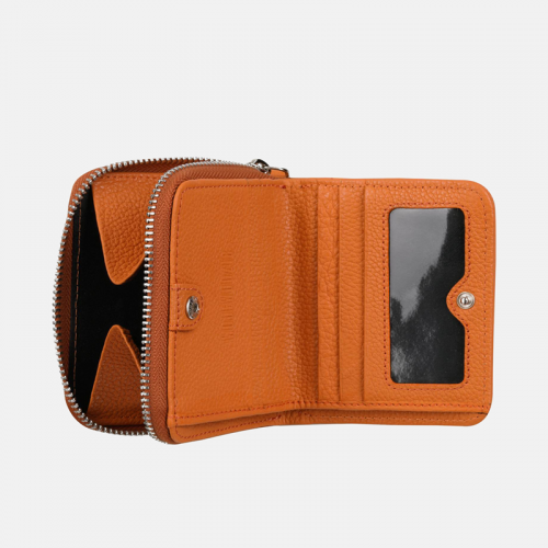 Mały pomarańczowy damski portfel skórzany z wygodną kieszonką na bilon